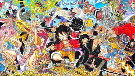 Luffy de One Piece avec le poing levé émergeant d'un arrière-plan de personnages, d'objets et de trésors