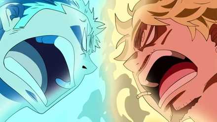 Zoro et Sanji se heurtent la tête et ont l'air en colère dans One Piece