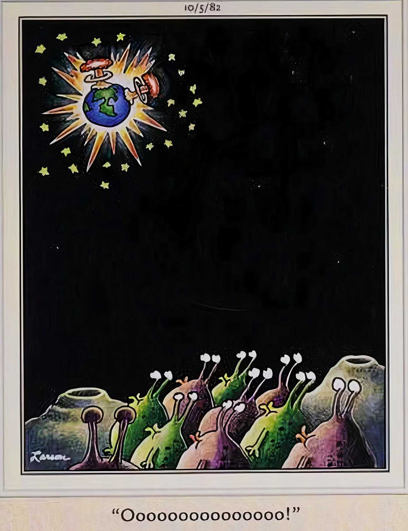 Far Side, 5 de octubre de 1981, una multitud de extraterrestres hace 'oooooo' mientras ven la Tierra explotar en una conflagración nuclear.