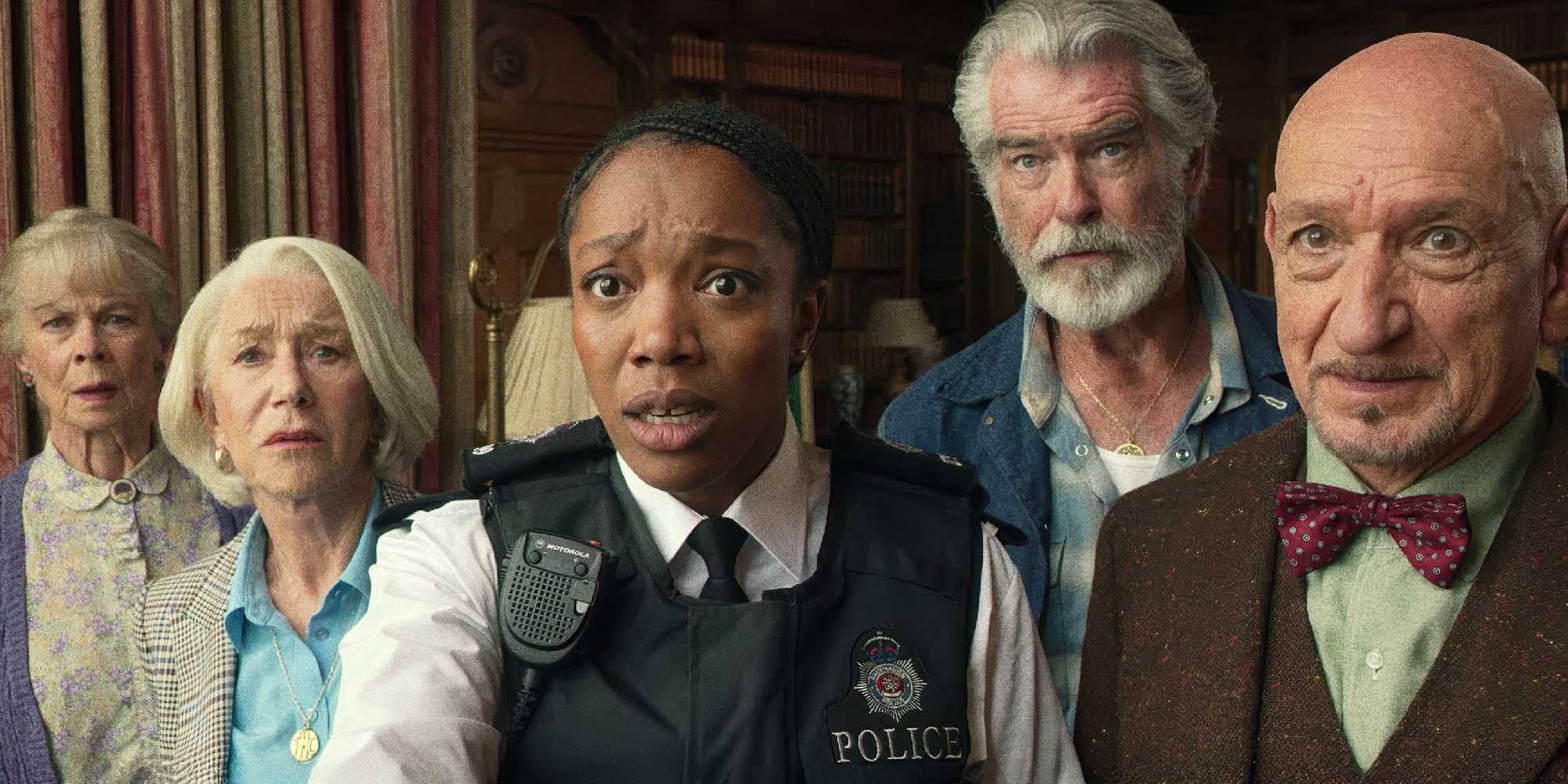 El Thursday Murder Club, que incluye a Helen Mirren, Pierce Brosnan, Naomie Ackie y Ben Kingsley, mira hacia adelante con sorpresa.