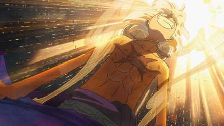 Gear 5 Monkey D. Luffy smiling while standing tall in One Piece anime