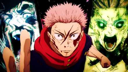 Yuji avec Ishigori et Uro en arrière-plan comme on le voit dans la saison 3 de Jujutsu Kaisen