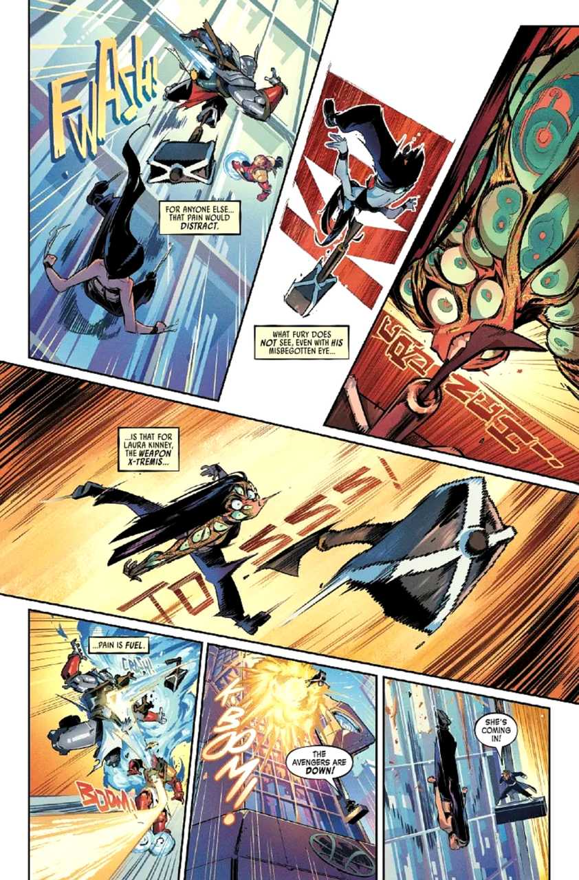 MARVEL MANGAVERSE WEB OF BLOOD 1 VISTA PREVIA, PÁGINA 3, MOSTRANDO A LA HIJA DE WOLVERINE, LAURA KINNEY, COMO ARMA-XTREMIS