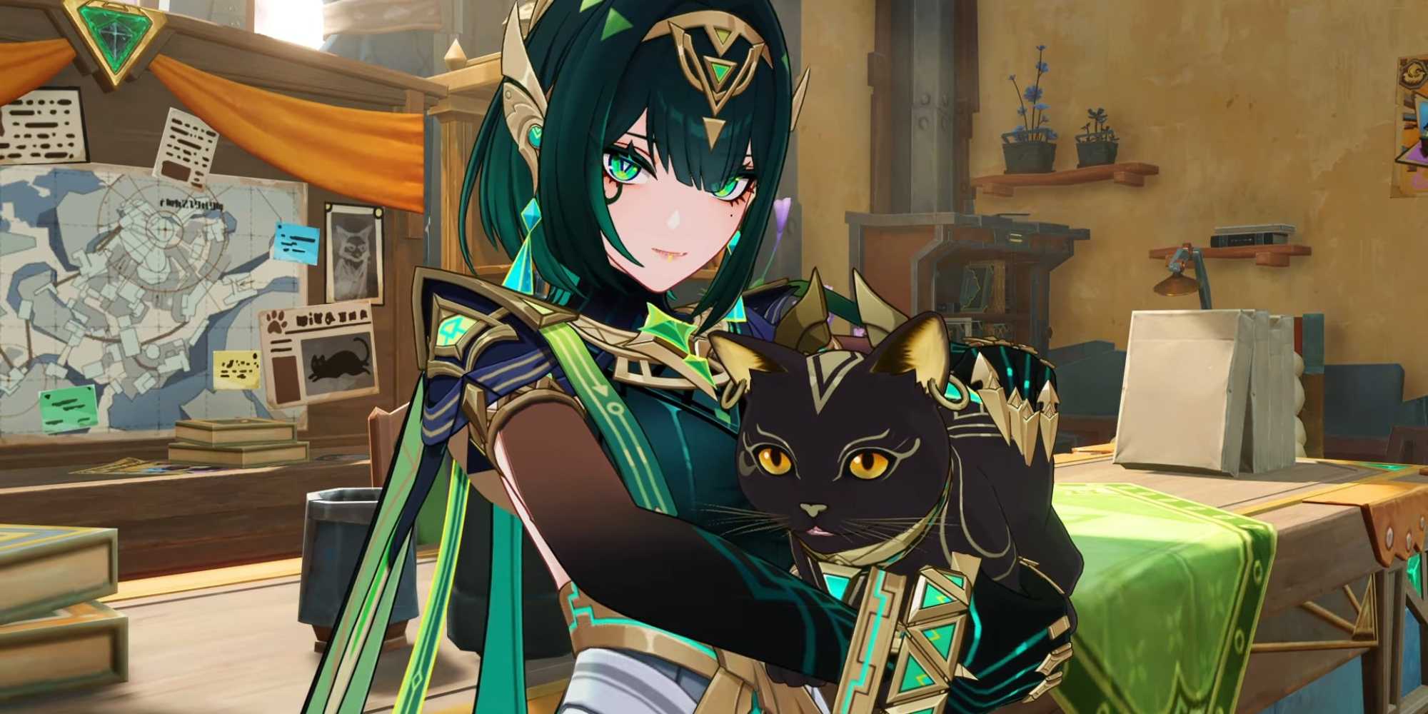 Nefer tiene un gatto mentre sorride in Genshin Impact.