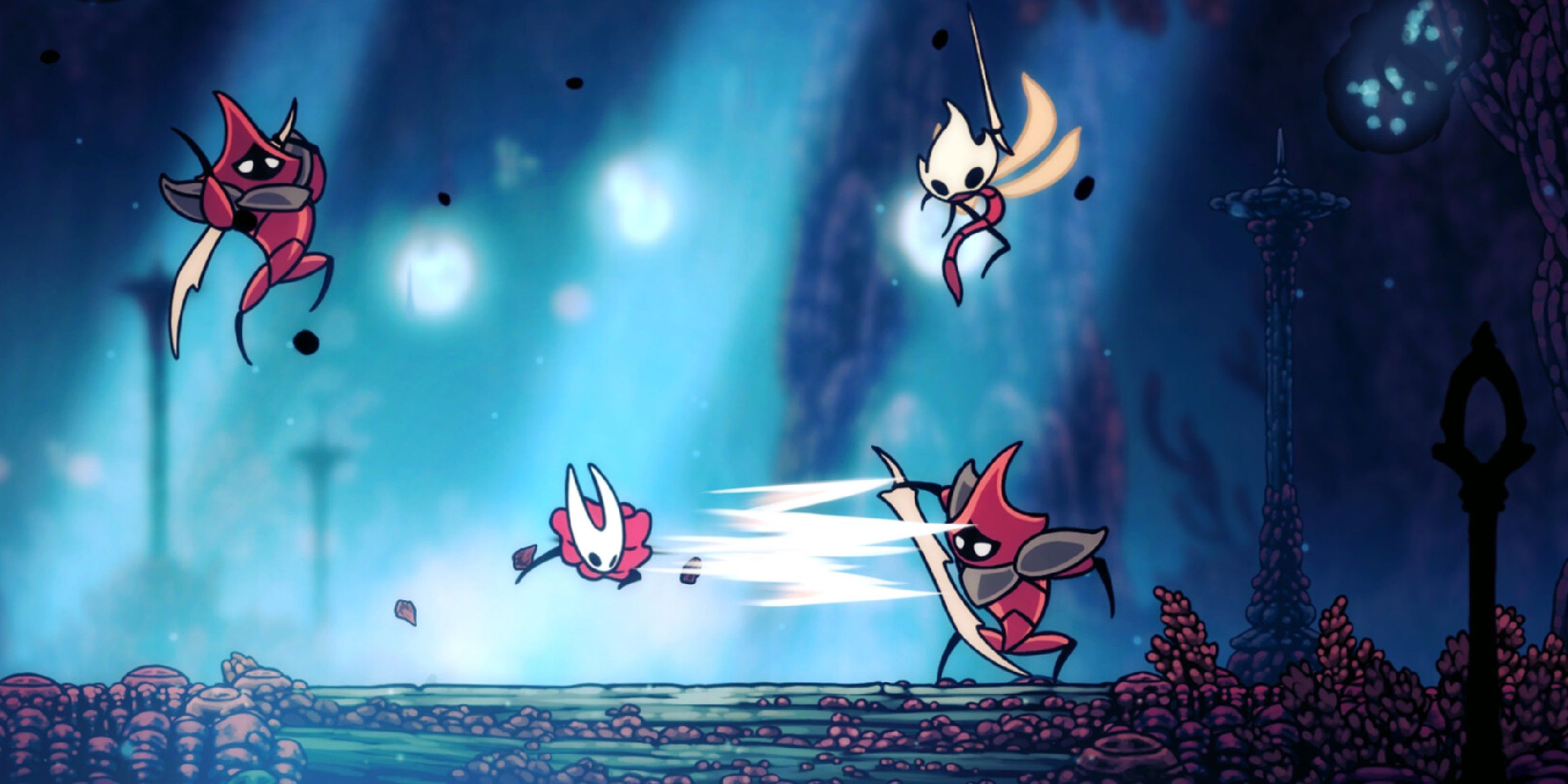 Hornet fighting several enemies in Silksong