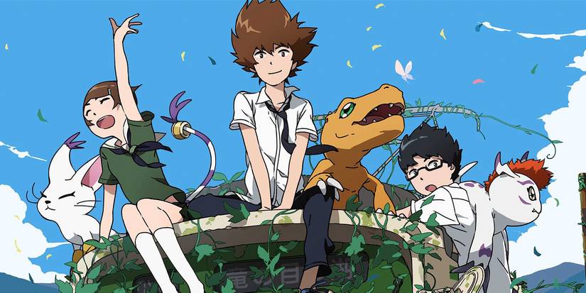 Hikari, Taichi, and Joe riding on top of the van in Digimon Adventure tri: Reunion