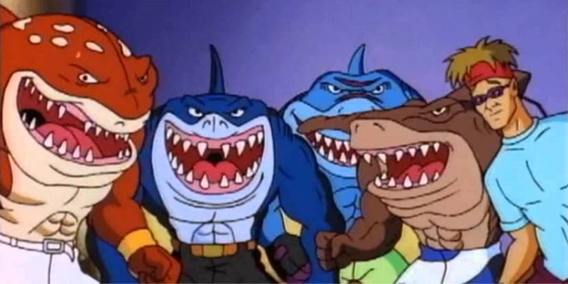 Os tubarões rindo juntos na série animada Street Sharks.