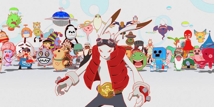 Summer Wars - King Kazma, a bunny in a red vest surrounded by other small digital creatures.
