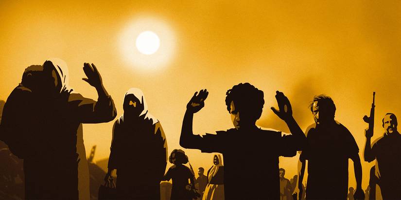 Defeated soldiers standing with raised arms in Waltz With Bashir
