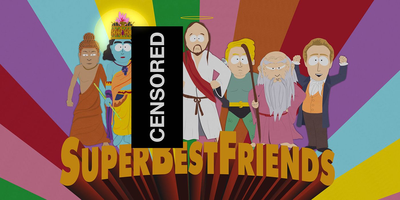 The Super Best Friends episode of South Park with the team led by Jesus and a Censored sign overtop