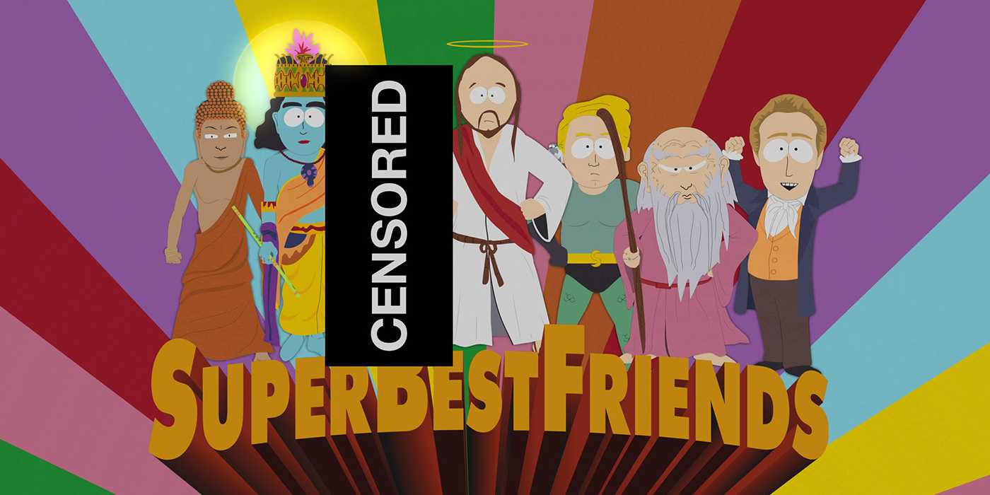 The Super Best Friends episode of South Park with the team led by Jesus and a Censored sign overtop