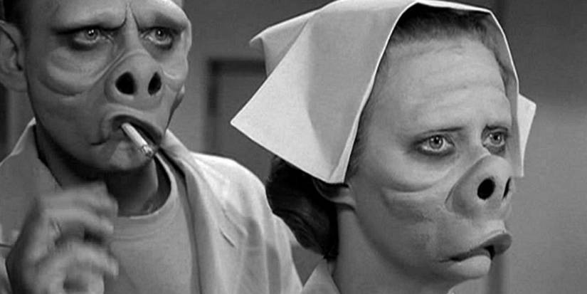 Two characters with large snouts look serious in Twilight Zone's Eye of the Beholder