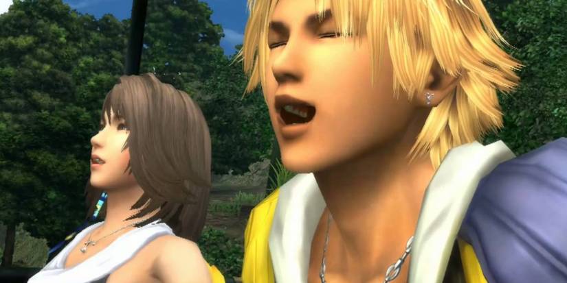 Tidus and Yuna from Final Fantasy 10 laugh.