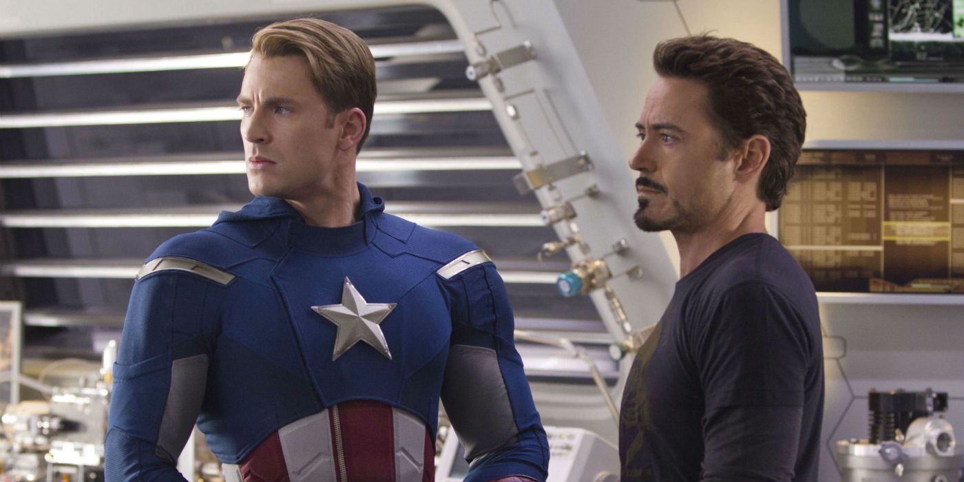 Chris Evans and Robert Downey Jr. as Steve Rogers/Captain America and Tony Stark/Iron Man