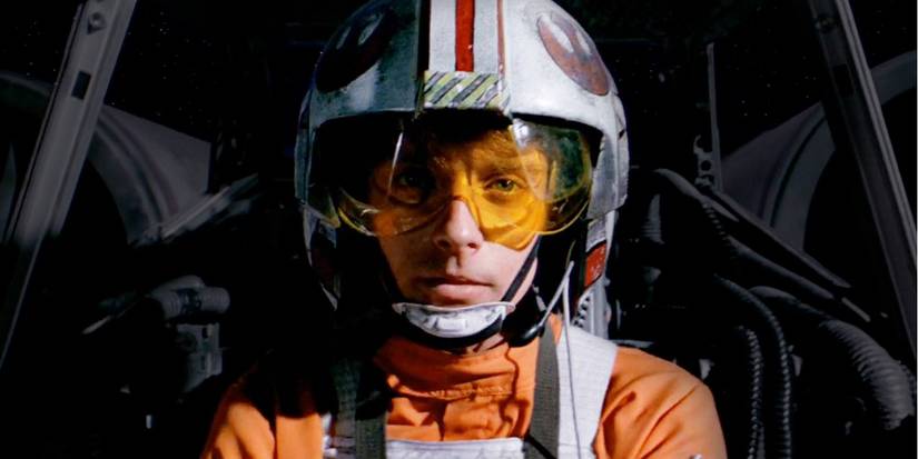 Luke Skywalker inside his X-wing cockpit during the assault on the Death Star in Star Wars.