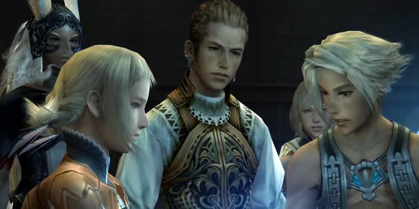 Final Fantasy XII characters Penelo, Balthier, and Vaan in a conversation.