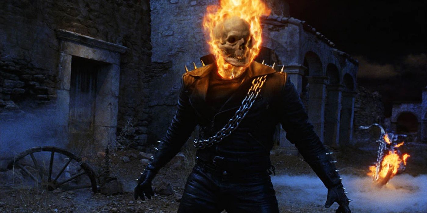 Nicolas Cage as Ghost Rider with a flaming skull in Ghost Rider