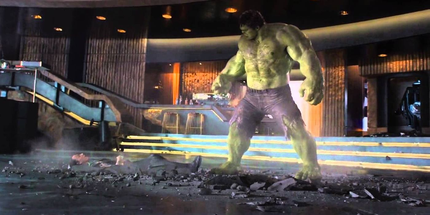 Mark Ruffalo's Hulk stands over a defeated Loki in The Avengers