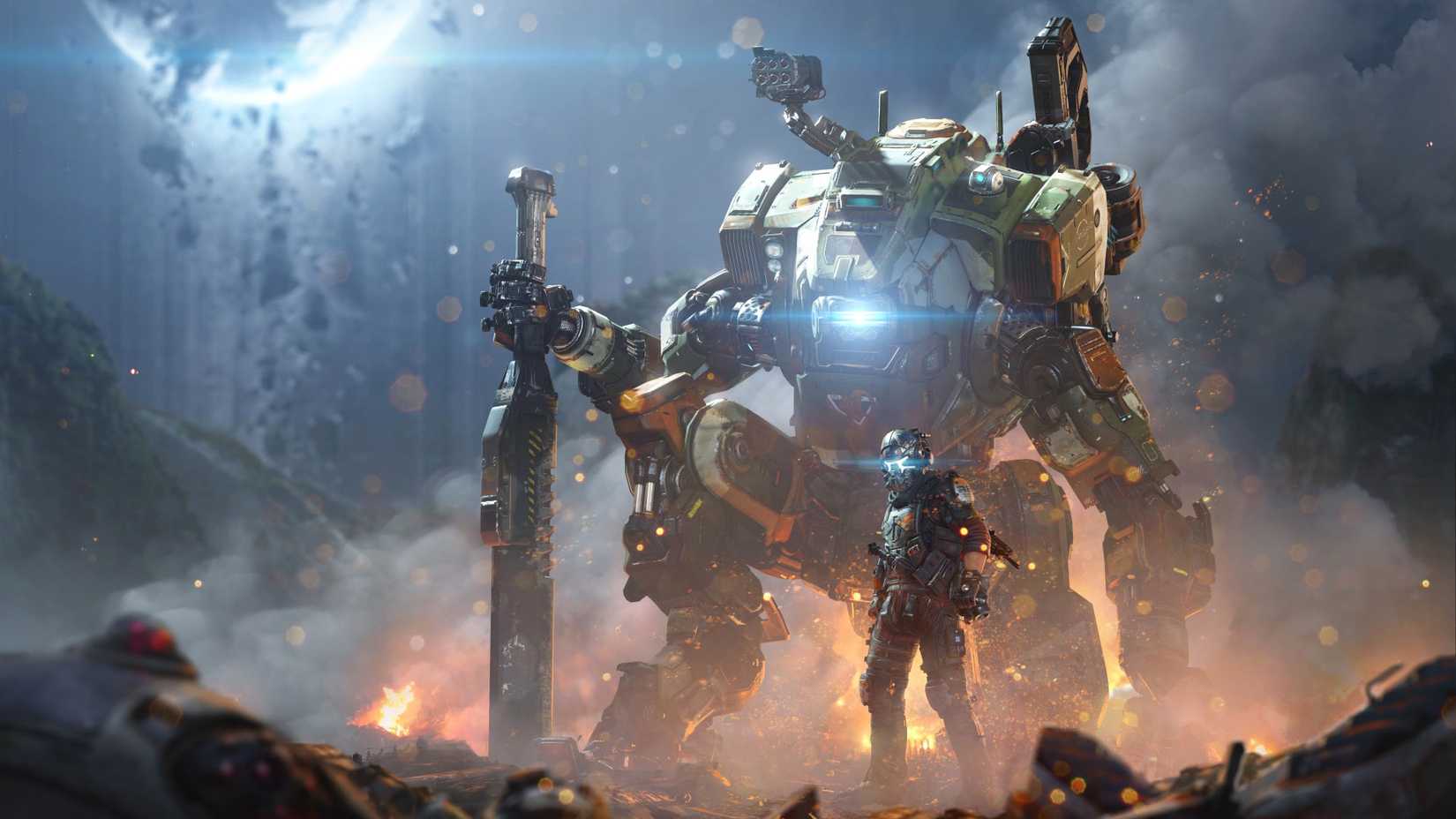 A player character stands in front of their mech, which kneels down with a sword in its right hand, in key art from Titanfall 2.