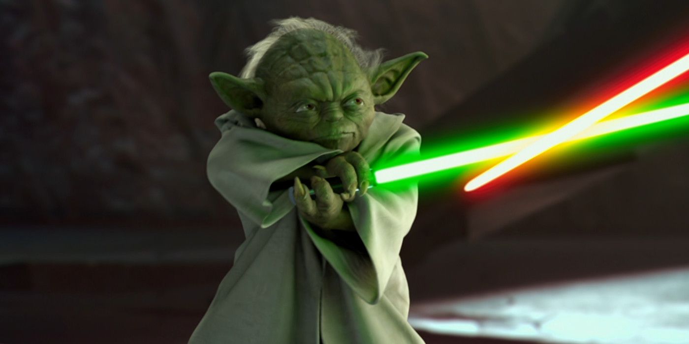 Yoda Wields a green lightsaber in Star Wars Episode II Attack of the Clones, facing off against a red lightsaber