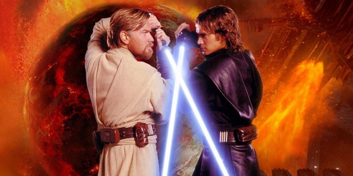 Anakin Skywalker vs Obi Wan Kenobi lightsaber battle in Star Wars Revenge of the Sith