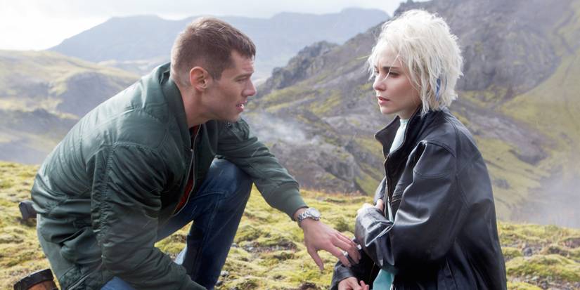 Brian Smith and Tuppence Middleton in Sense8, looking worried