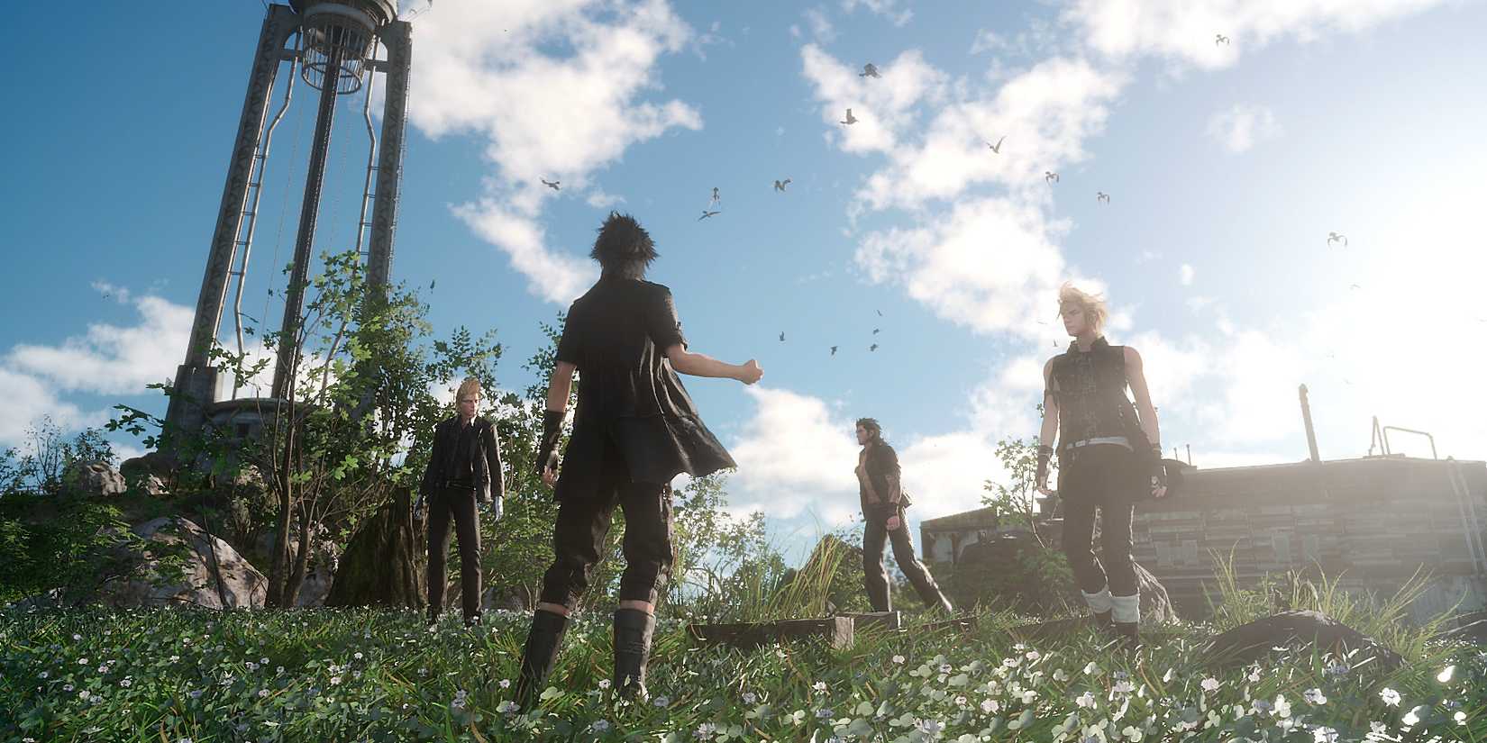 Final Fantasy XV characters, Noctis, Ignis, Gladiolus, and Prompto standing in a field of flowers.