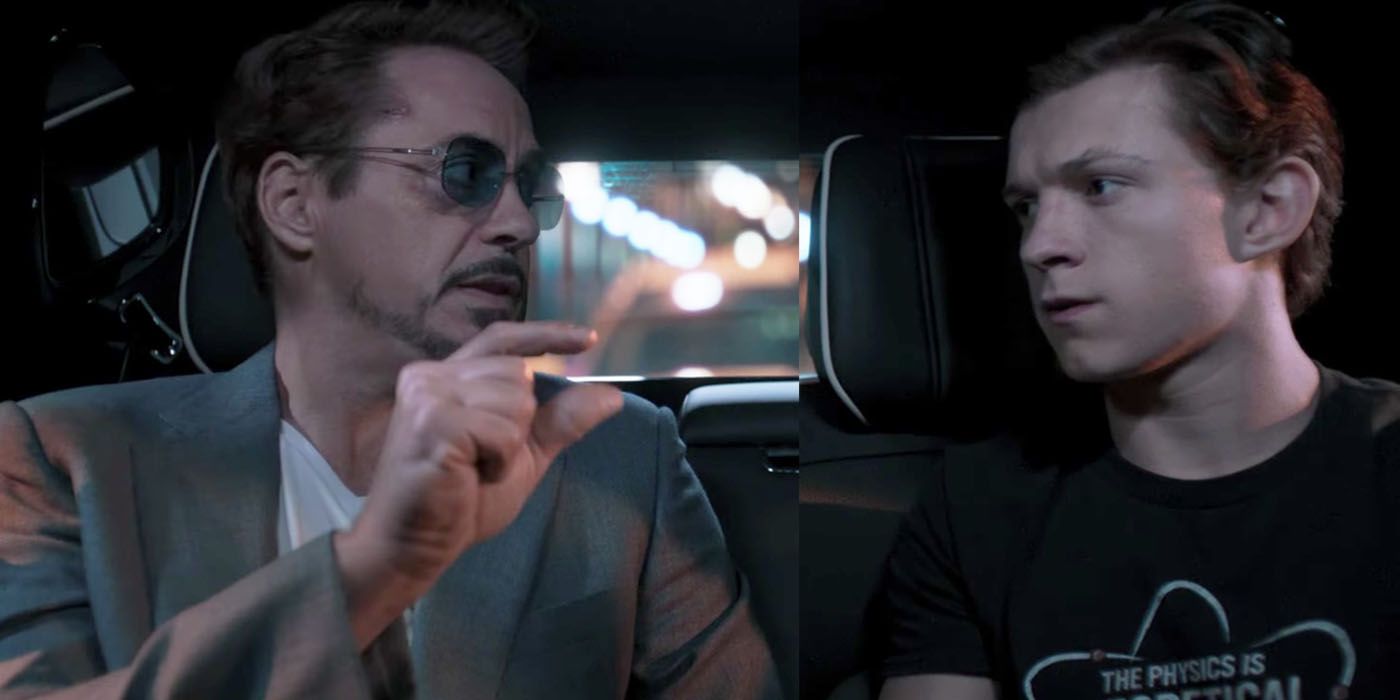 Tony Stark dá algo para Peter Parker em um carro em Homem-Aranha De Volta ao Lar
