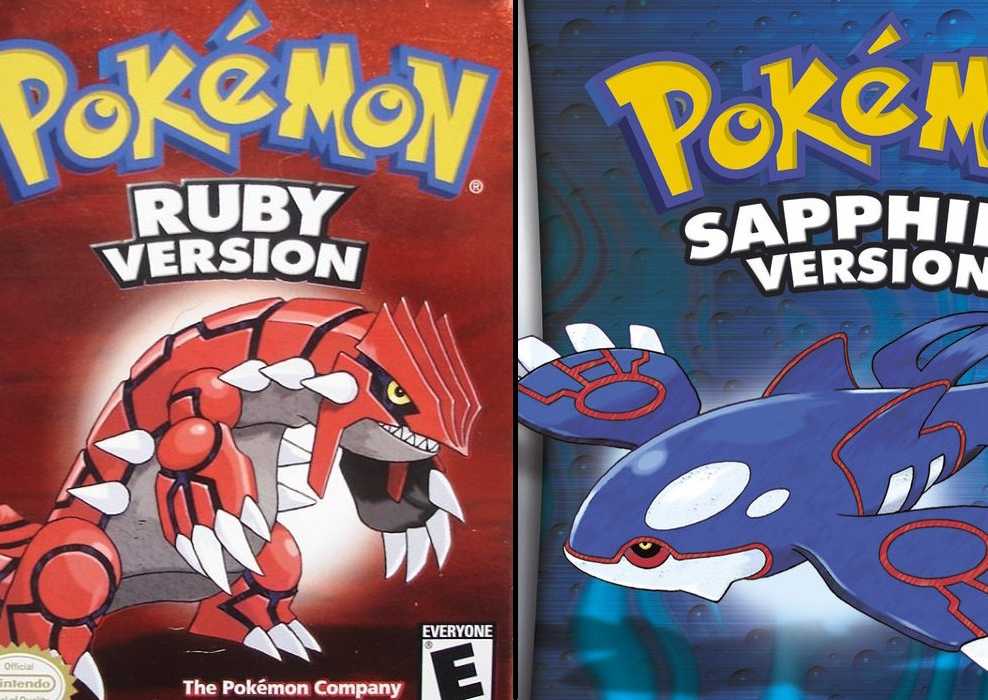 Pokemon Ruby and Sapphire's Game Boy Advance box arts side by side.