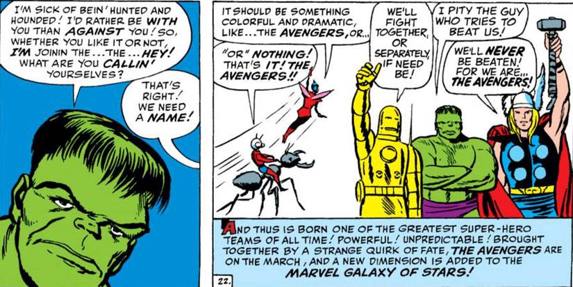 The Wasp flies around as Thor, Hulk, Iron Man, and Ant-Man look on in an Avengers comic.