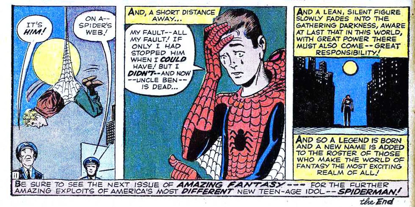Comic panel featuring the first time 'With Great Power Comes Great Responsibility' was said in a Spider-Man story