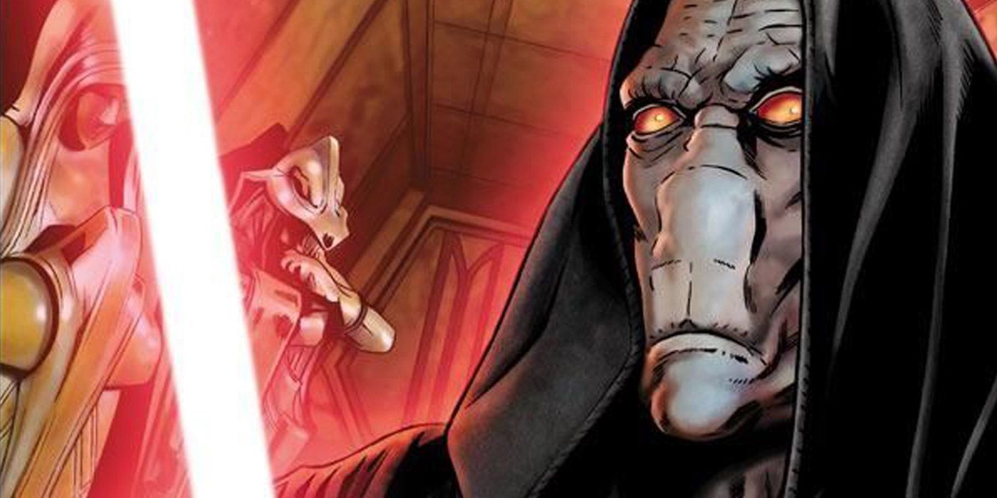 Darth Plagueis wields his lightsaber in Star Wars Legends.