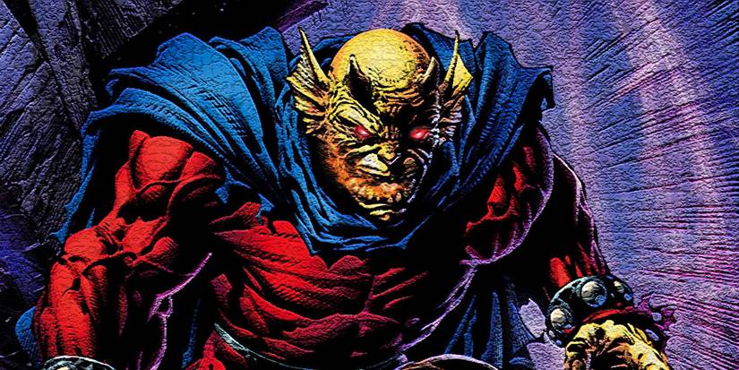 Comic book art: Etrigan the Demon looks grim with glowing eyes.