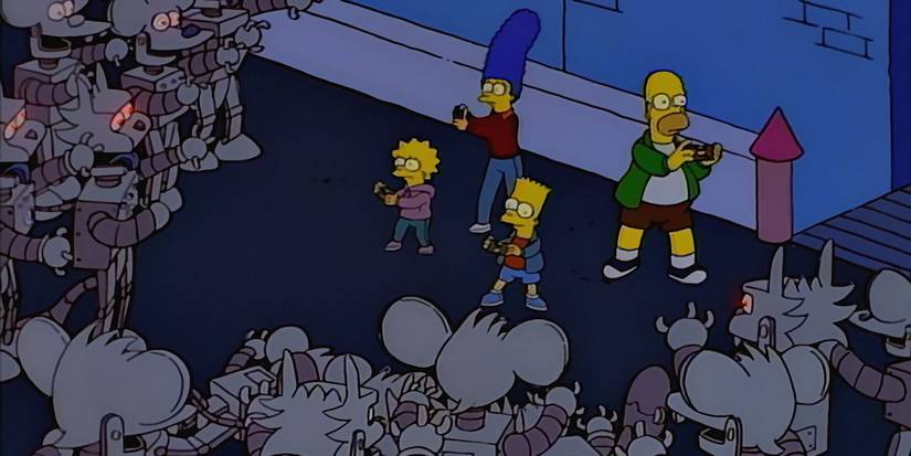 The Simpson family face off against robots in Itchy and Scratchy Land Episode of the Simpsons