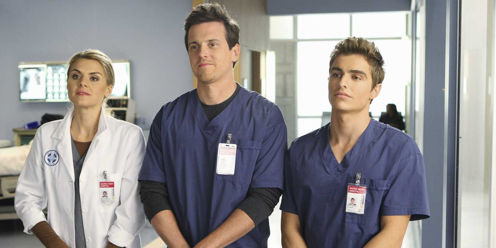 Eliza Coupe as Dr. Denise Mahoney, Michael Mosley as Drew Suffin, and Dave Franco as Cole Aaronson from Scrubs season 9 next to each other