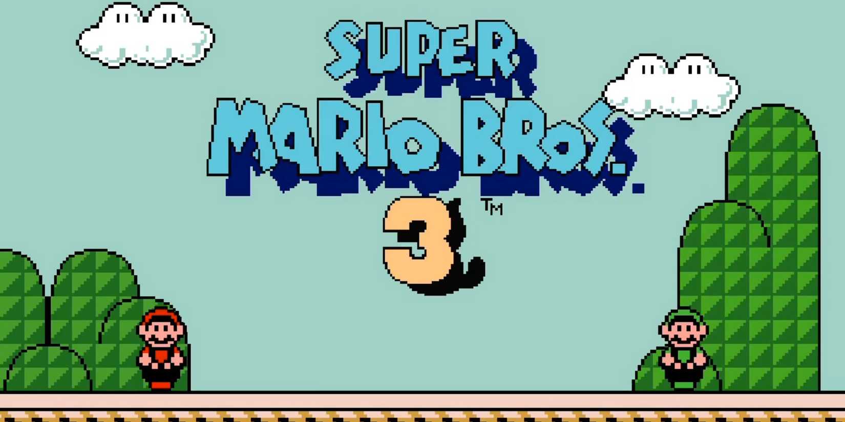 Super Mario Bros. 3 Title Card with Mario and Luigi facing forward on each side.