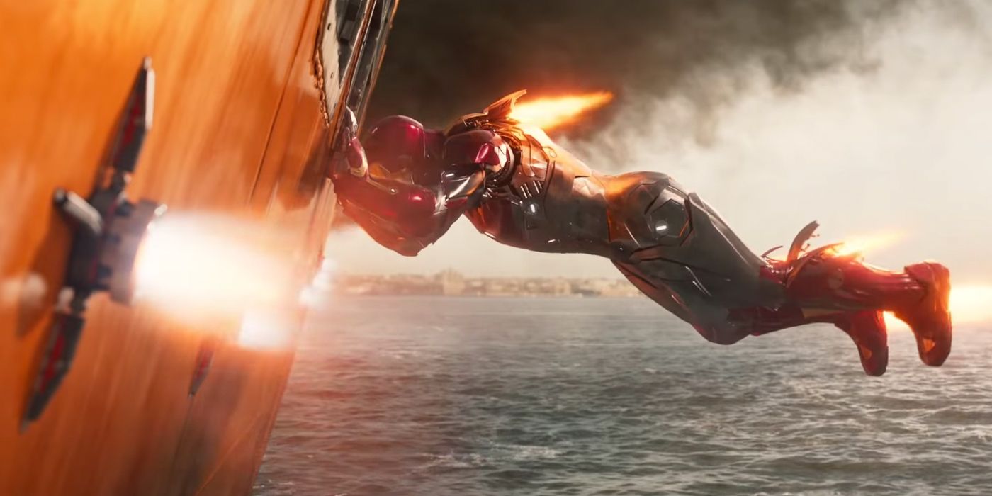 Iron Man pushes the hull of a ship in Spider-Man Homecoming