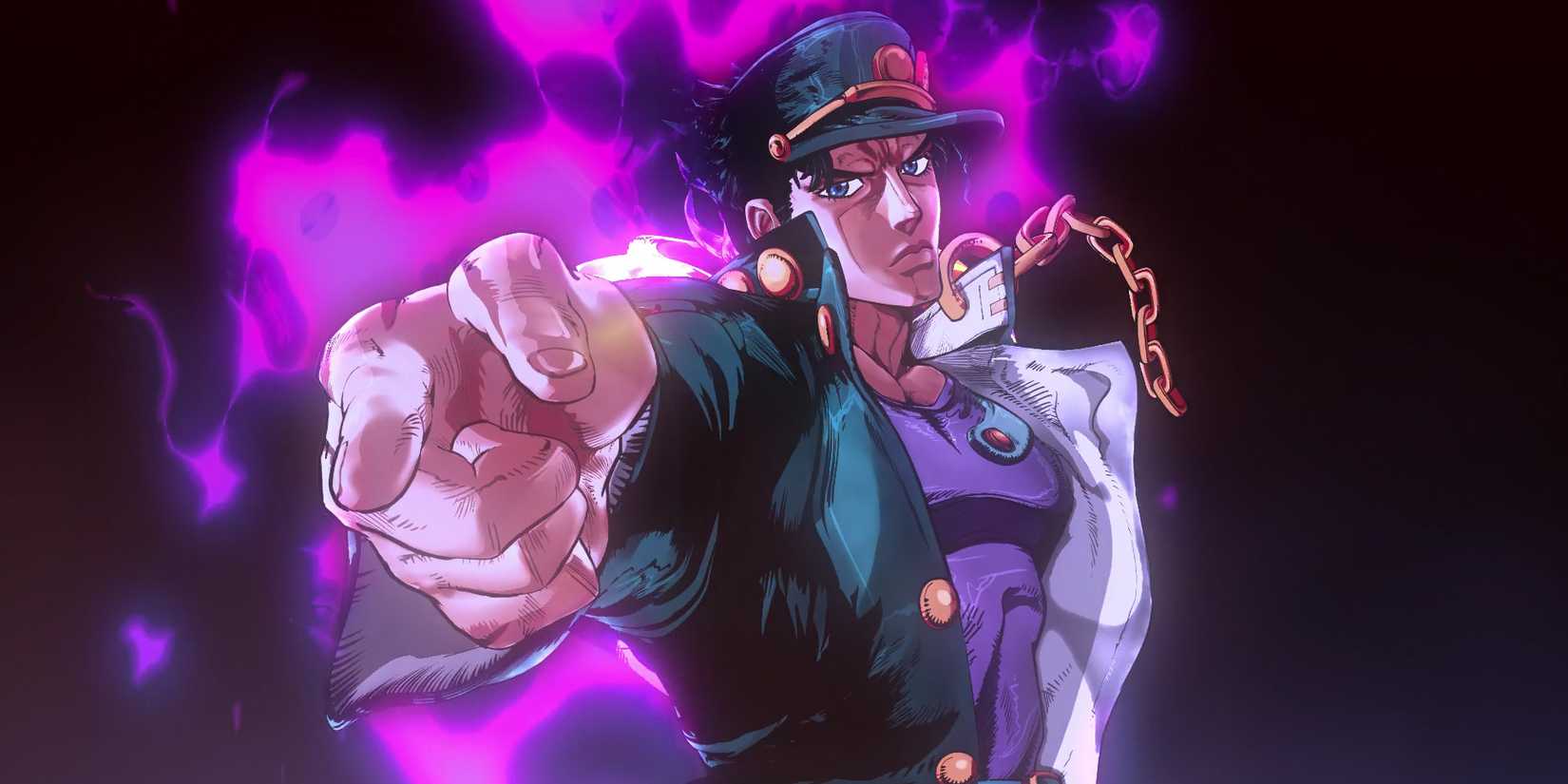 Jotaro from Jojo Bizarre Adventure pointing at the camera with a purple aura behind him.