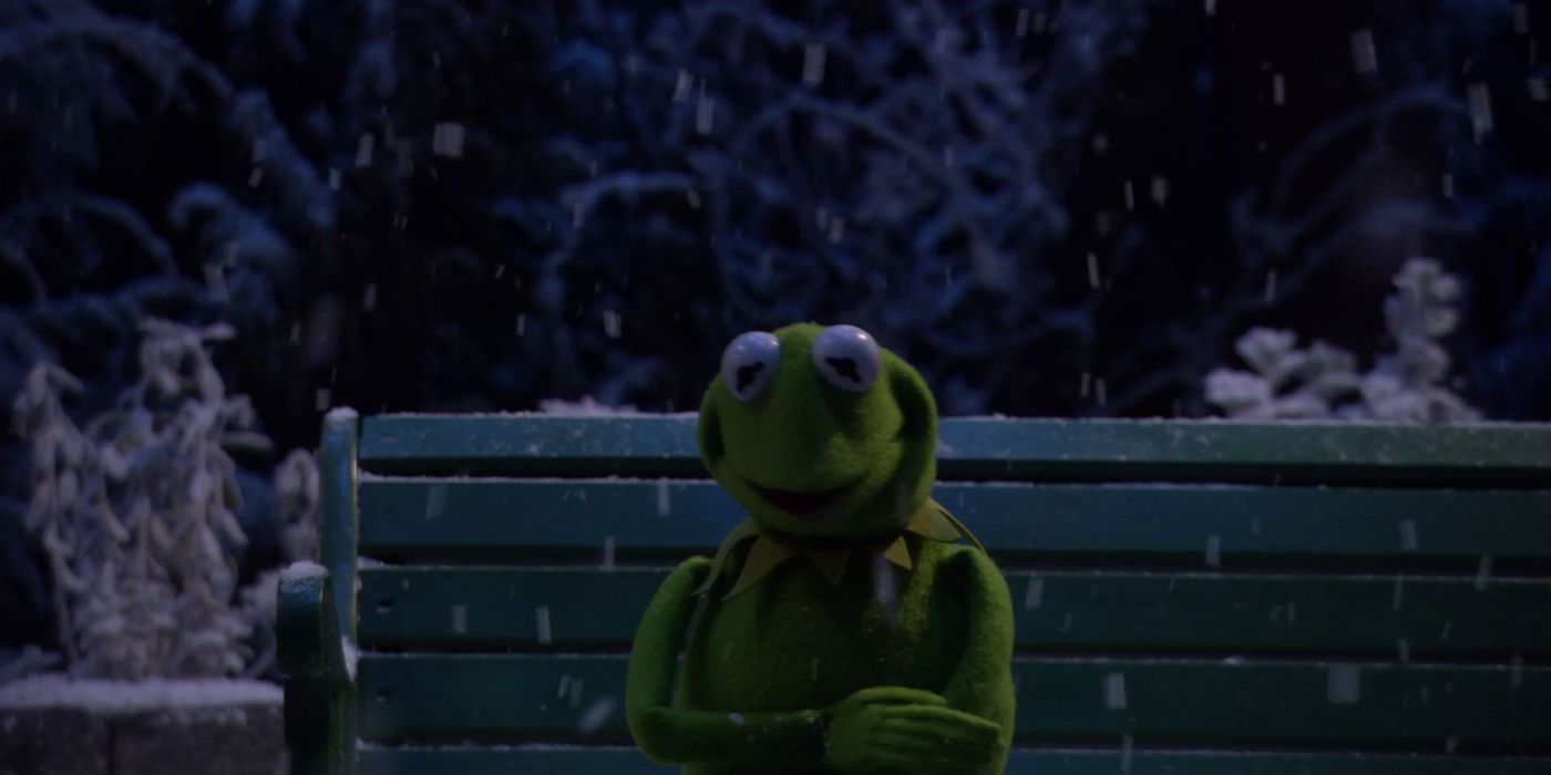 Kermit the Frog on a Bench in Its A Very Merry Muppet Christmas Movie