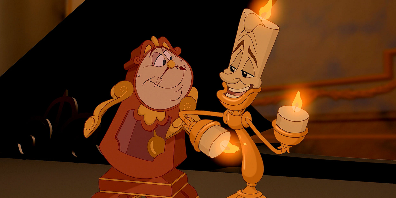 Lumiere and Cogsworth "arm in arm" and looking at each other in Beauty and the Beast