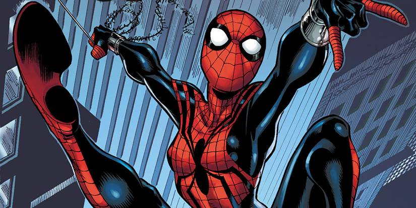 Spider-Girl aka Mayday Parker swinging around in Marvel comics