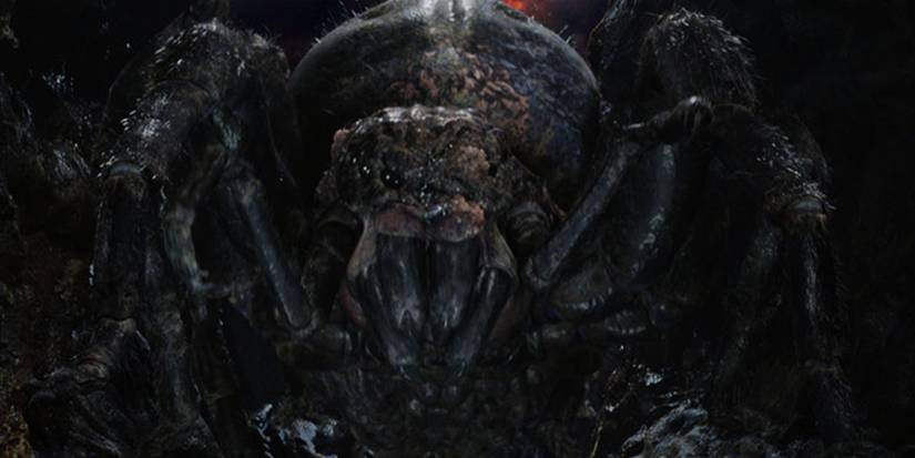 Giant spider Shelob standing guard over something in Lord of the Rings.