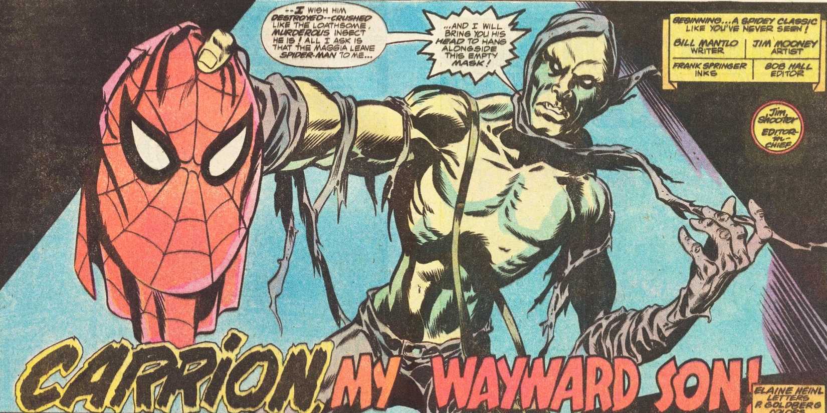 Carrion segurando a máscara do Homem-Aranha em quadrinhos da Marvel