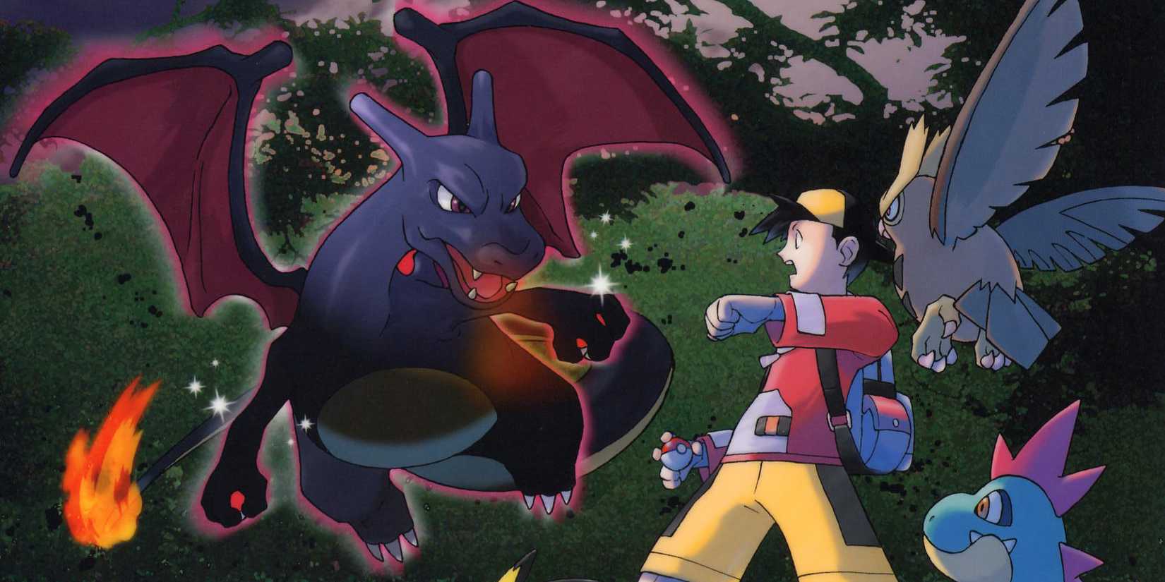 A Shiny Charizard startles Ethan in Pokémon Gold and Silver artwork.