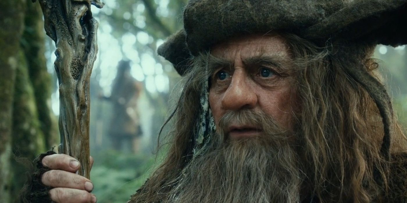 A closeup of Radagast standing outside and holding his staff In The Hobbit.