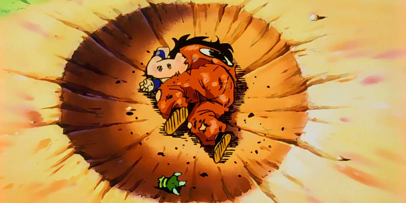 Yamcha dead in a crater after an explosion in Dragon Ball Z.