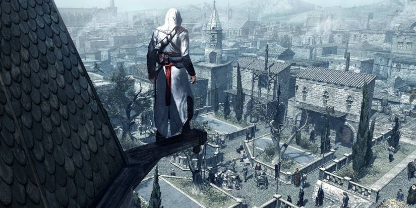 Assassin's Creed original Altair looking down on a city