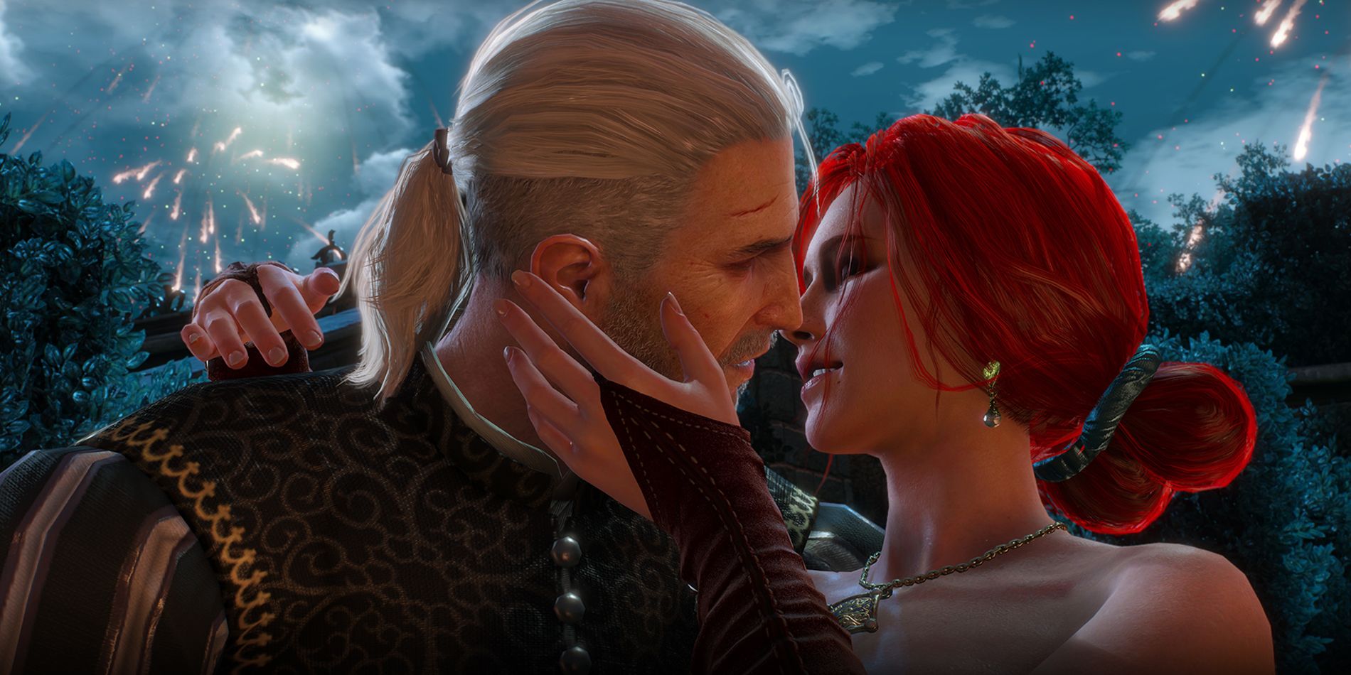 Geralt kisses Triss in the Witcher 3 with fireworks in the background.