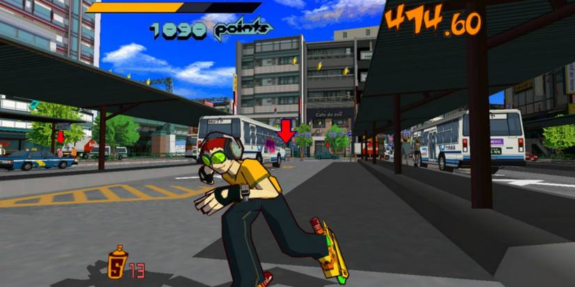 Jet Set Radio protagonist Beat racking up points while inline skating.