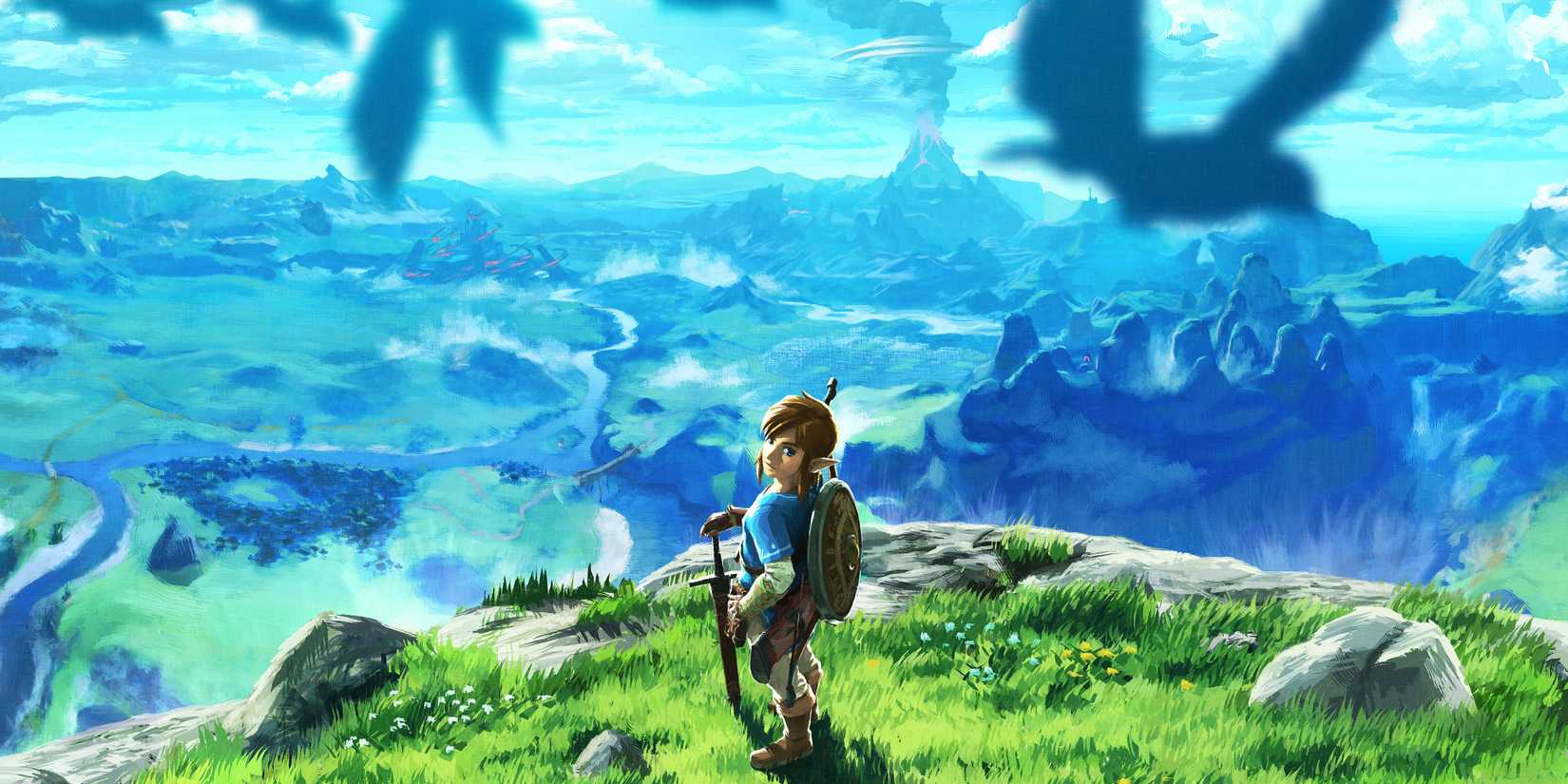 Artwork for The Legend of Zelda: Breath of the Wild which shows Link standing on a cliff which overlooks Hyrule.